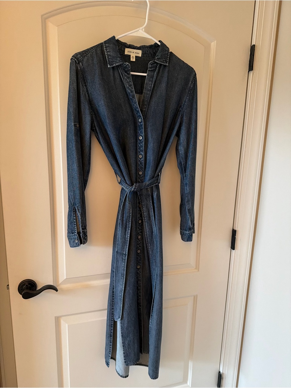 cloth & stone Dark Blue Denim Maxi Shirt Dress with Tie Belt